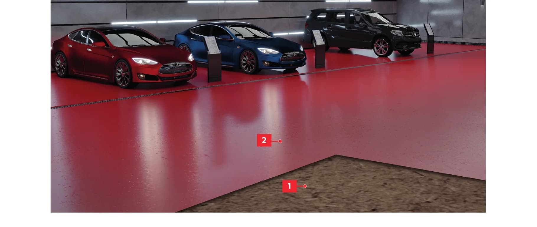 Showroom con piso poliuretano rojo brillante Tecnofloor PU-3060 y carros de exhibición