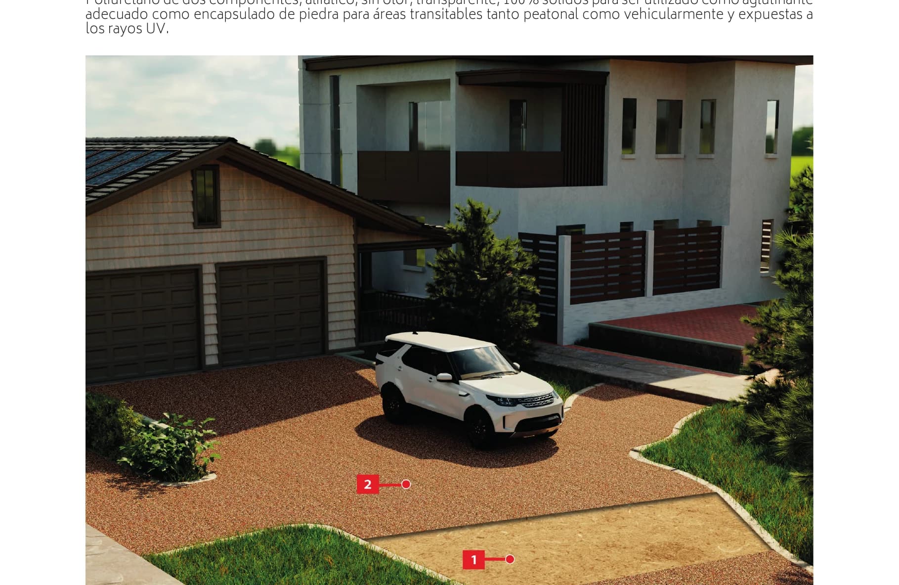 Entrada de villa con piedra encapsulada Tecnofloor STF-7020 y SUV en el garaje