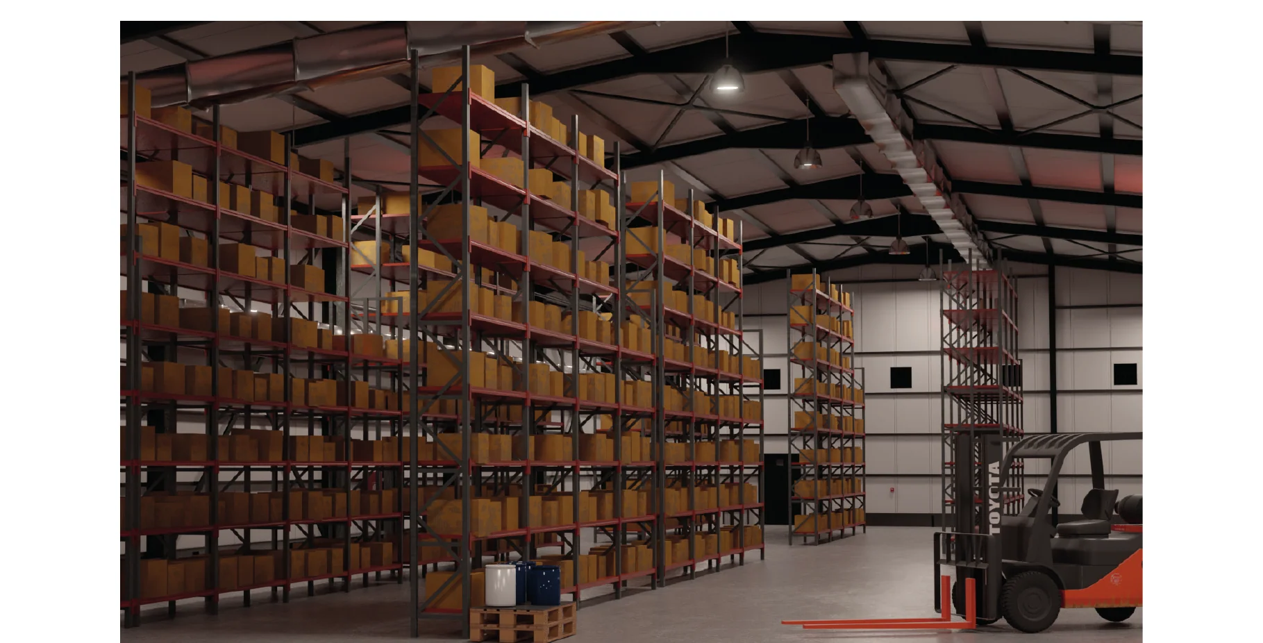 Almacén con estanterías altas, piso epóxico continuo Tecnofloor T-3020 y montacargas Toyota