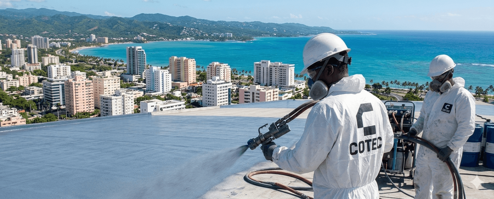 Equipo COTEC aplicando poliurea proyectada en techo con vista al Caribe